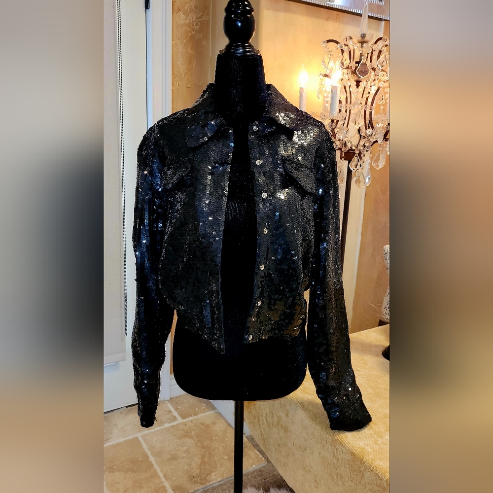 Black Sequined Long Sleeve Jacket Bomber Jacket Style. Rare Find, Size 4
